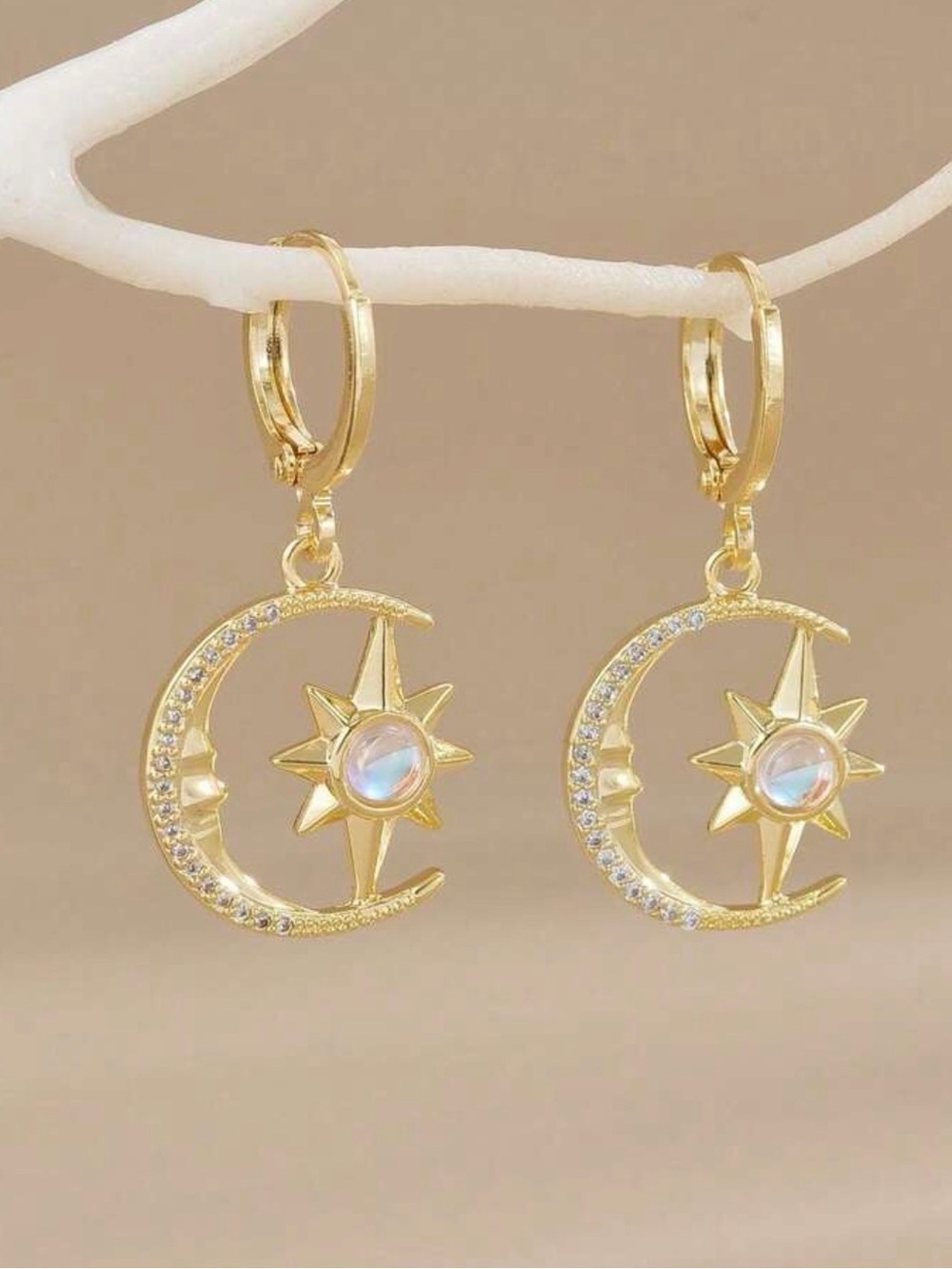Gold Moon & Star Crystal Drop Earrings - Women Jewelry